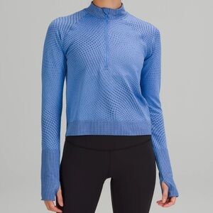 Lululemon Rest Less Cropped Half Zip in Grid Warp Blue Nile/Night Sea